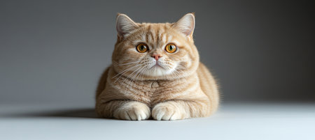 Curious Ginger Cat With Attentive Gaze, Relaxing. Studio Portrait on a Neutral Gray Backgroundの素材