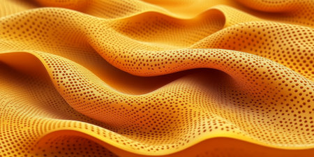 Golden Textured Sheet Close Up, Elegant Flowing Design, Metallic Fabric Abstract Backgroundの素材