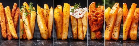 French Fries Collage, Varieties of Seasonings and Dips with Crispy Potato Snacks, Food Photographyの素材