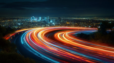 Cityscape Night Lights, Long Exposure Trails of Car Lights with a Modern City Skylineの素材