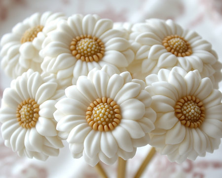 Sculpted Sugar Flowers Delicate White Blossoms with Yellow Centers on Metallic Stemsの素材