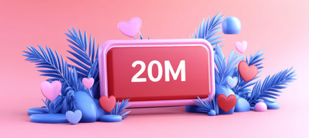 3D Rendering, Pink Signboard 20M Follow Celebration, With Tropical Leaves, Heart Shapes,の素材