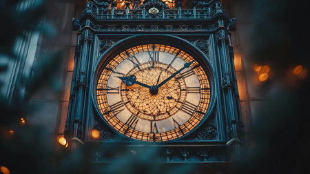 Close-up, Low-angle View Glowing Clock Face on Ornate Historic Tower in City at Nightの素材