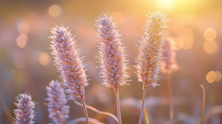 Golden Hour Illumination Purple Grasses in Sunset Glow, Nature Photography, Tranquil Meadowの素材