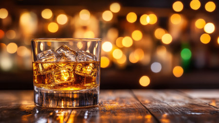 Golden Hour Indulgence A Glass of Whiskey with Ice on Rustic Wood, Lit by Twinkling Bokehの素材