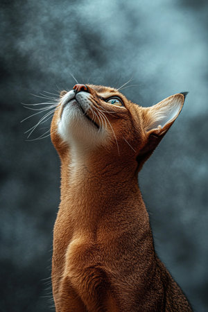 Curious Abyssinian Cat Portrait Majestic Feline with Piercing Gaze on Smoky Backgroundの素材