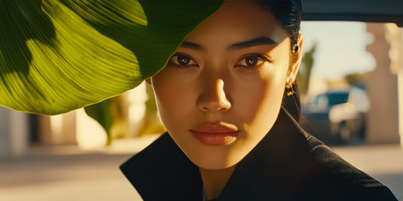 Portrait of a Beautiful Young Woman with a Large Tropical Leaf Partially Obscuring Her Faceの素材