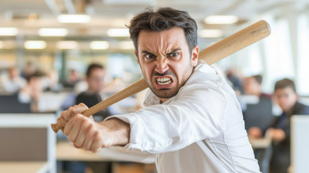 Stressed Office Worker Holds Baseball Bat, Cubicles and Colleagues Background, Tense Expressionの素材