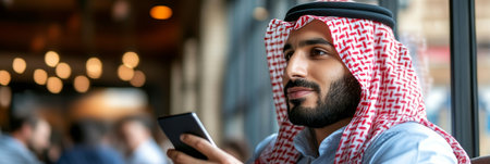 Contemporary Arabian Businessman Using Smartphone at a Modern Cafe, Technology and Communicationの素材