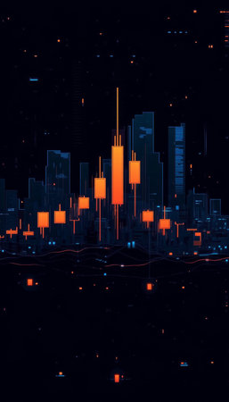 Financial Market Trends Candlestick Chart, Vector Art, Stock Trading Cityscape Illustrationの素材
