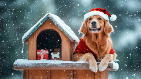 Golden Retriever Dog Wearing Santa Hat on Doghouse, Winter Holiday Scene with Falling Snow.の素材