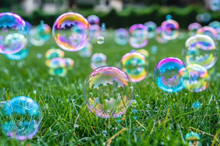 Rainbow Bubbles Float Over Green Grass, Creating a Whimsical and Dreamlike Atmosphere.の素材