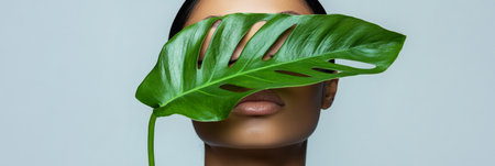 Studio Beauty Portrait of a Woman with a Tropical Green Monstera Leaf Covering Her Eyesの素材