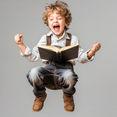 Joyful Boy Leaping with Excitement, Holding Open Book, Education and Reading Concept.の素材