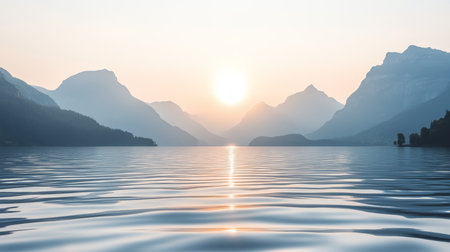 Tranquil Mountain Lake Sunrise Misty Peaks, Golden Sunbeams Reflecting on Serene Watersの素材