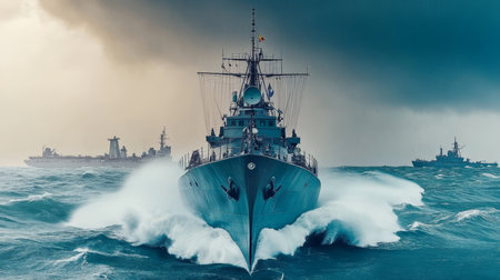 Modern Navy Battleship Sailing Stormy Seas, Powerful Warship On Open Ocean Under Dramatic Skyの素材