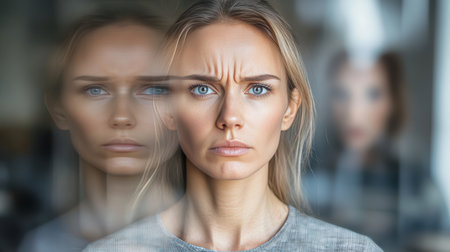 Stressed Woman Feeling Isolated, Reflecting Loneliness, Anxiety, and Mental Health Challengesの素材
