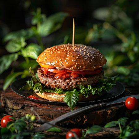 Juicy Hamburger on a Plate, Surrounded by Backyard Greenery for a Labor Day Celebrationの素材