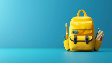 Yellow Backpack Packed for School, Back to School Supplies, Minimalist Design Blue Backgroundの素材