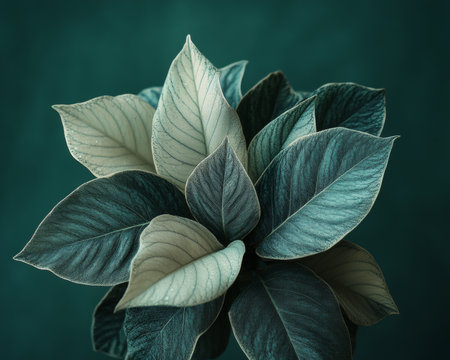 Cluster of elongated leaves with subtle green variations, dewy texture, diffuse light, sharp detailsの素材