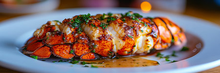 Garlicky Broiled Lobster Tail, Succulent and Flavorful on a White Plate, Fine Dining Seafoodの素材