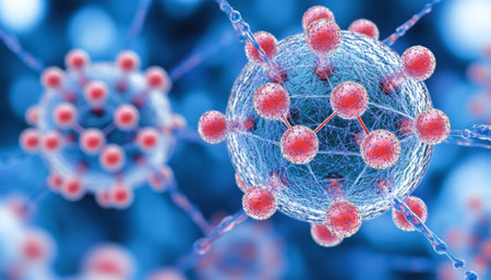 Blue Network of Interconnected Nodes, Lines, and Spheres on a Deep Blue Background with Bokeh Effectの素材