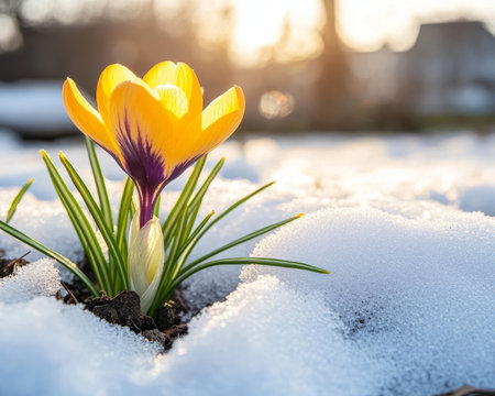 Single Yellow Crocus Blooming Through Melting Snow in Spring, Signifying New Life and Hopeの素材