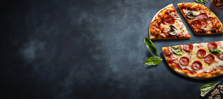 Delicious Pepperoni Pizza Slices Arranges on Dark Textured Background, Top View with Copy Spaceの素材