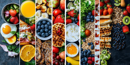Healthy Breakfast Food Collage. Variety of Nutritious Food for a Balanced Morning Meal.の素材