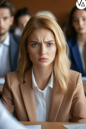 Concerned Businesswoman In Formal Wear Frowning With Disapproval In A Crowded Lecture Hall Settingの素材