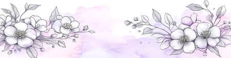 Elegant Wildflower Line Art, Pink and Ivory Watercolor Background, Serene Floral Design Elementの素材