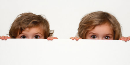 Two kids peeping from behind and holding a white wall, curiosity and entertainment conceptsの素材