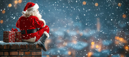 Christmas Eve Magic Santa Clause Pauses on Rooftop, Contemplative Moment Above Cityの素材