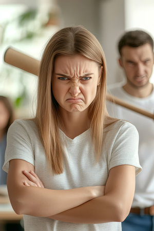 Frustrated Businesswoman Intimidated By Colleague With Baseball Bat In Modern Office Settingの素材