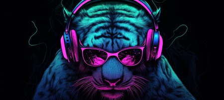 Neon Party DJ Tiger. Cyberpunk animal with headphones and sunglasses. Rave and neon aestheticsの素材