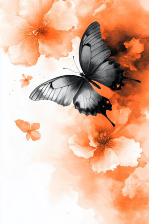 Delicate Black Butterfly Gently Resting on Watercolor Orange Flowers, Minimalist Floral Designの素材