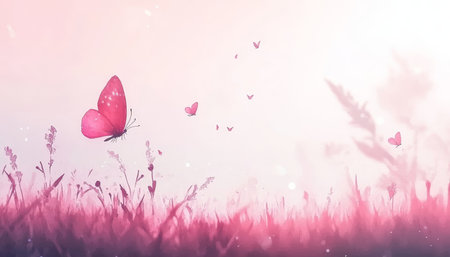 Pink Watercolor Meadow Butterfly in Gentle Sunrise, Flowers, and Grasses, Minimalist Designの素材
