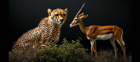 Cheetah and Impala Dramatic Studio Portrait of Wildlife Face-Off, on Black Backgroundの素材