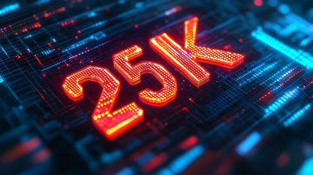 Glowing Digital 3D Number 25K on Futuristic Abstract Background Celebrating 25,000 Milestoneの素材