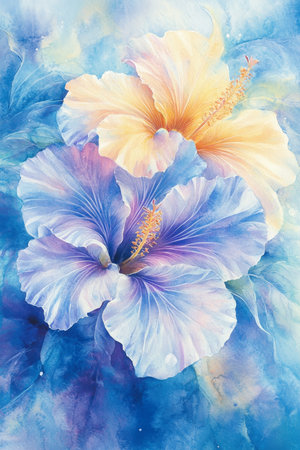 Watercolor Illustration Pastel Hibiscus Flowers on Turquoise, Art Print Design With Soft Focusの素材