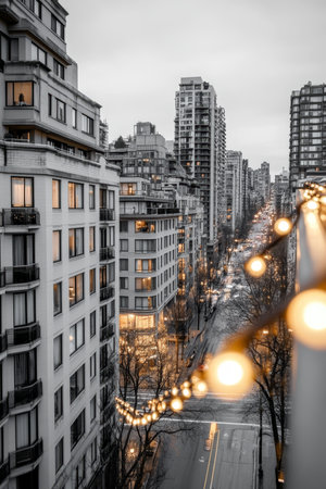 Urban Monochrome Cityscape, Architecture Skyline Photography with Cozy Blurred City Lights Bokehの素材
