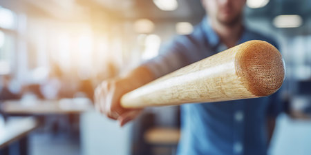 Close-up of man holding wooden bat in office setting, blurred background, potential for violence.の素材