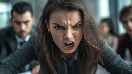 Stressed Businesswoman Experiencing Extreme Workplace Conflict, Aggression, And Outrageの素材