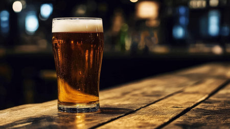 Refreshing Cold Beer in Tall Glass on Rustic Wooden Bar, Perfect for Pub and Beverage Conceptsの素材