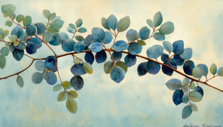 Watercolor Eucalyptus Branch, Blue Green Leaves, Botanical Illustration, Soothing Artの素材