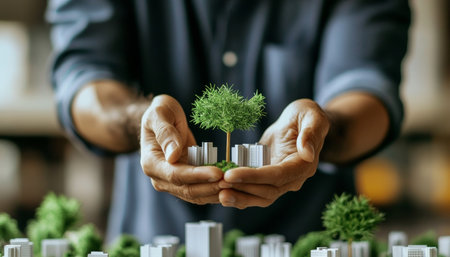 Sustainable City Model Held in Gentle Hands, Symbolizing Environmental Protection and Urban Planningの素材