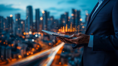 Businessman Analyzing Growth, Holding Tablet With Rising Bar Graph Against a City Skyline at Nightの素材