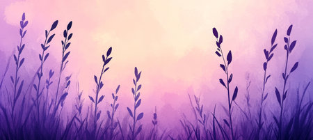 Gentle Hand Drawn Wildflowers Silhouette against a Pastel Pale Purple Watercolor Gradient Backgroundの素材