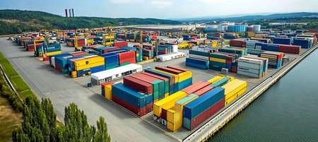 Aerial View of a Busy Shipping Container Yard at a Logistics Center on a Sunny Summer Dayの素材