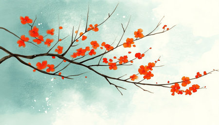 Delicate Coral Blossom Branch on Light Blue Watercolor Illustration of Spring Beautyの素材